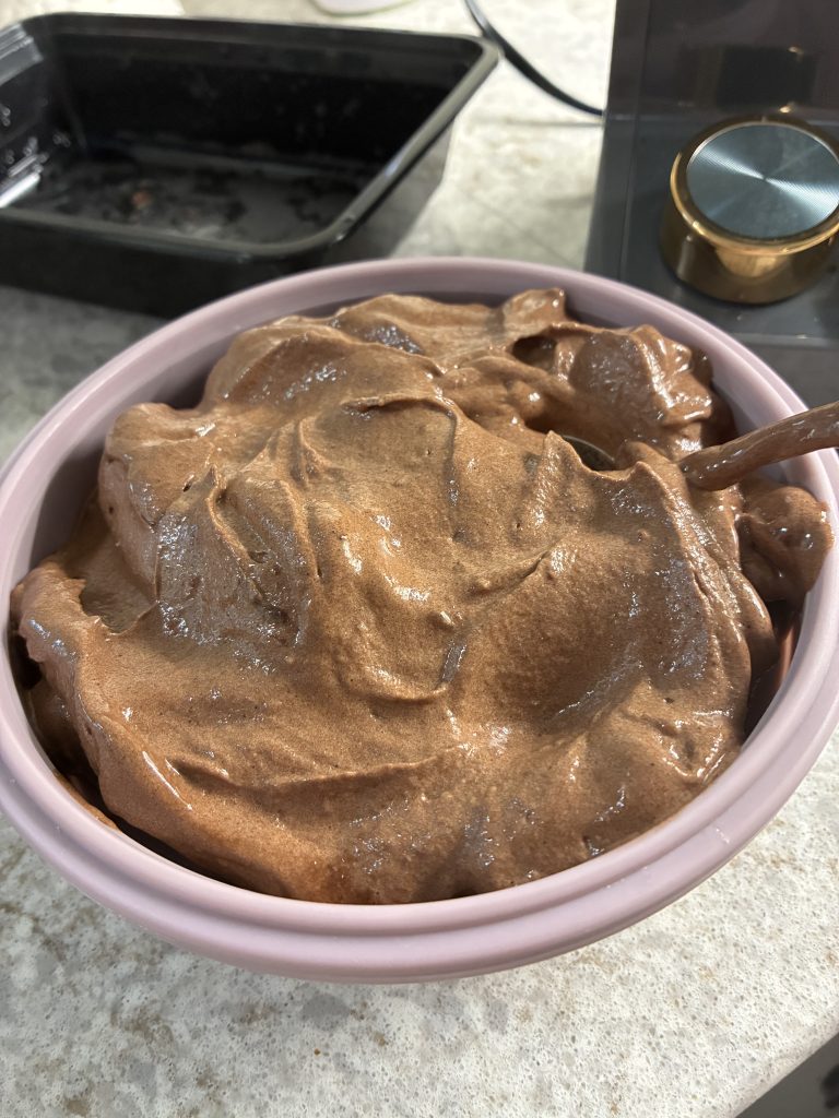 A serving bowl of banana-chocolate nice cream. It looks creamy as pudding.
